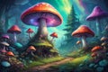 Big Magic Iridescent Colorful Mushrooms in the wood - Ai generated illustration