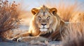 Big male African lion (Panthera leo) lying in the grass, Etosha National Park, Namibia, southern Africa Royalty Free Stock Photo