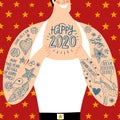 Big male chest with tattoos cartoon greeting card for New Year