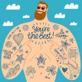 Big man`s tattooed chest with greetings and doodle drawings