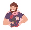 A big man with a beard and mustache, holding a bouquet of flowers and smiling.
