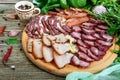 Big meat set. Homemade smoked pork-beef sausage, salted bacon, basturma chopped slices Royalty Free Stock Photo