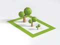 Big medium small low poly trees size in green square area cartoon style 3d render