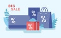 Big, Mega, Super Sale And Money Saving Concept. Big Discount Card, Limited Time Only, Start Now, Hurry Up, Shopping Bags Royalty Free Stock Photo
