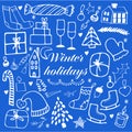 Big Merry Christmas and happy New Year festive vector collection. Different hand drawn doodle elements Royalty Free Stock Photo