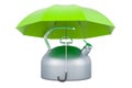 Big metallic kettle under umbrella, 3D rendering