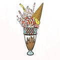 Big milkshake with ice cream, candies, marshmallow, cream and lollipop . Sweet beautiful dessert giant milkshake