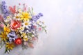 big mixed flower colorful bouquet in pastel colors on light background, festive floral backdrop