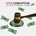 Big money or bribe cash under a gavel of court to judge many of lawsuit on white background represent to the stop corruption campa