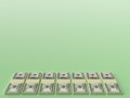 Big money stacks from dollars on blank green background