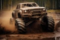 Big monster truck roaring through muddy obstacle course. Generative AI