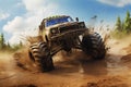 Big monster truck roaring through muddy obstacle course. Generative AI