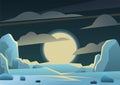 Big moon on arctic horizon. Winter landscape. Cold dark night. Harsh cold nature. Snow and ice frost. Cartoon fun style Royalty Free Stock Photo