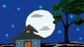 Big Moon, With Home And Tree. Hand-Drawing Illustration. Star Night. Royalty Free Stock Photo