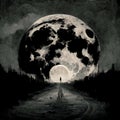 Big moon light on dark woods moonlight on the road with black figure Royalty Free Stock Photo