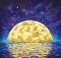 Big moon. Original acrylic painting A large glowing moon is reflected in water, sea, ocean. Night landscape with a big moon on a b