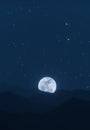 The big moon shines behind mountains with stars and clouds in the background. 3D rendering. Royalty Free Stock Photo