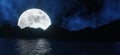 The big moon shines behind the sea and mountains with stars and clouds in the background.  3D rendering. Royalty Free Stock Photo