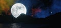 The big moon shines behind the sea and mountains with stars and colorful clouds in the background.  3D rendering. Royalty Free Stock Photo