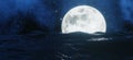 The big moon shines behind the sea with stars and clouds in the background.  3D rendering. Royalty Free Stock Photo