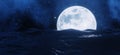 The big moon shines behind the sea with stars and clouds in the background.  3D rendering. Royalty Free Stock Photo