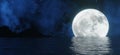 The big moon shines behind the sea with stars and clouds in the background.  3D rendering. Royalty Free Stock Photo