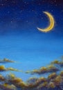 Big moon in starry night sky Oil painting on canvas beautiful warm clouds