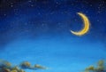 Big moon in starry night sky Oil painting on canvas beautiful warm clouds in summer sky