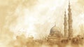 big mosque tower sketch on watercolor sepia background for ramadan greeting card, free copy space