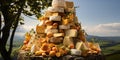 Big mountains of fresh yellow cheese. Lots of different cheeses. Generative AI