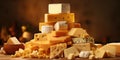 Big mountains of fresh yellow cheese. Lots of different cheeses. Generative AI