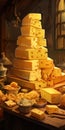 Big mountains of fresh yellow cheese. Lots of different cheeses. Generative AI