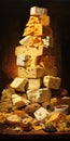 Big mountains of fresh yellow cheese. Lots of different cheeses. Generative AI