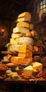 Big mountains of fresh yellow cheese. Lots of different cheeses. Generative AI