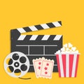 Big movie reel Open clapper board Popcorn box package Ticket Admit one. Three star. Cinema icon set. Flat design style. Yellow bac Royalty Free Stock Photo