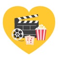 Big movie reel Open clapper board Popcorn box package Ticket Admit one. Three star. Heart shape. I love cinema icon set. Flat Royalty Free Stock Photo