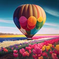 Big multi-colored balloon flies over a flower field.