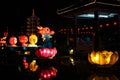 Big multicolour dragon paper lanterns floating on water at night