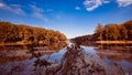 Big natural forest lake on sunny summer midday with deep blue sky, still water surface, nature panorama background photo Royalty Free Stock Photo