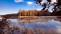 Big natural lake in forest on sunny summer midday with deep blue sky, still water surface, nature panorama background photo Royalty Free Stock Photo