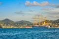 Big naval clipper anchored at the Rodney bay with town in the background, Saint Lucia, Caribbean sea Royalty Free Stock Photo