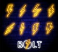 Big Neon set of lightning bolt. Glowing electric flash sign, thunderbolt electricity power icons. Vector lightning set Royalty Free Stock Photo