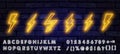 Big Neon set of lightning bolt. Glowing electric flash sign, thunderbolt electricity power icons. Vector lightning set Royalty Free Stock Photo