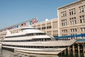 Big neutral yacht moored on the city`s waterfront side area of the town of Boston USA Massachusetts