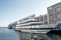 Big neutral yacht moored on the city`s waterfront side area of the town of Boston USA Massachusetts