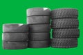 Big new tires for trucks. Car black tires are in a row. Isolated background Royalty Free Stock Photo