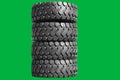 Big new tires for trucks. Car tires with a large tread are in a row. Isolated background Royalty Free Stock Photo