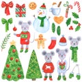 Big New year clipart set. Christmas mouse, fir trees, presents, leaves, bows, snowman, candies, cookies. Hand drawn watercolor ill