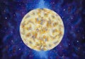 A large warm glowing moon in a blue violet starry space.