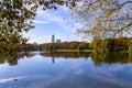 Big Novodevichy pond on a sunny autumn day near the Novodevichy convent Bogoroditse-Smolensky monastery. Moscow, Russia Royalty Free Stock Photo